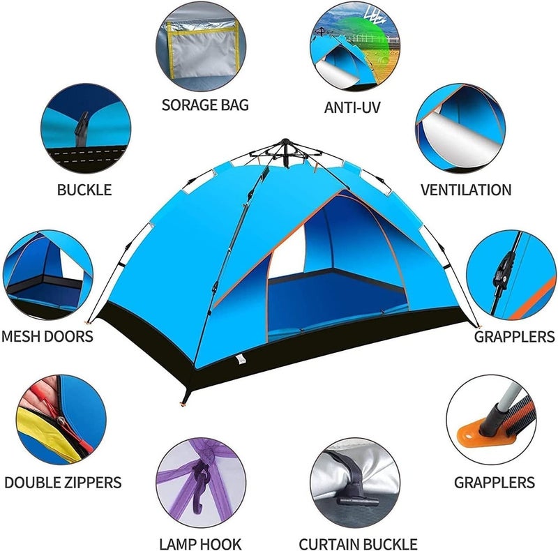 DEXO خيمة تخييم تلقائية فورية 200x200x135 سم - خيمة سهلة التركيب لـ 4 أشخاص مع حماية من الأشعة فوق البنفسجية، مقاومة للماء، خيمة سفر خفيفة الوزن للتخييم، المشي في الطبيعة والمهرجانات، زرقاء - Image 3
